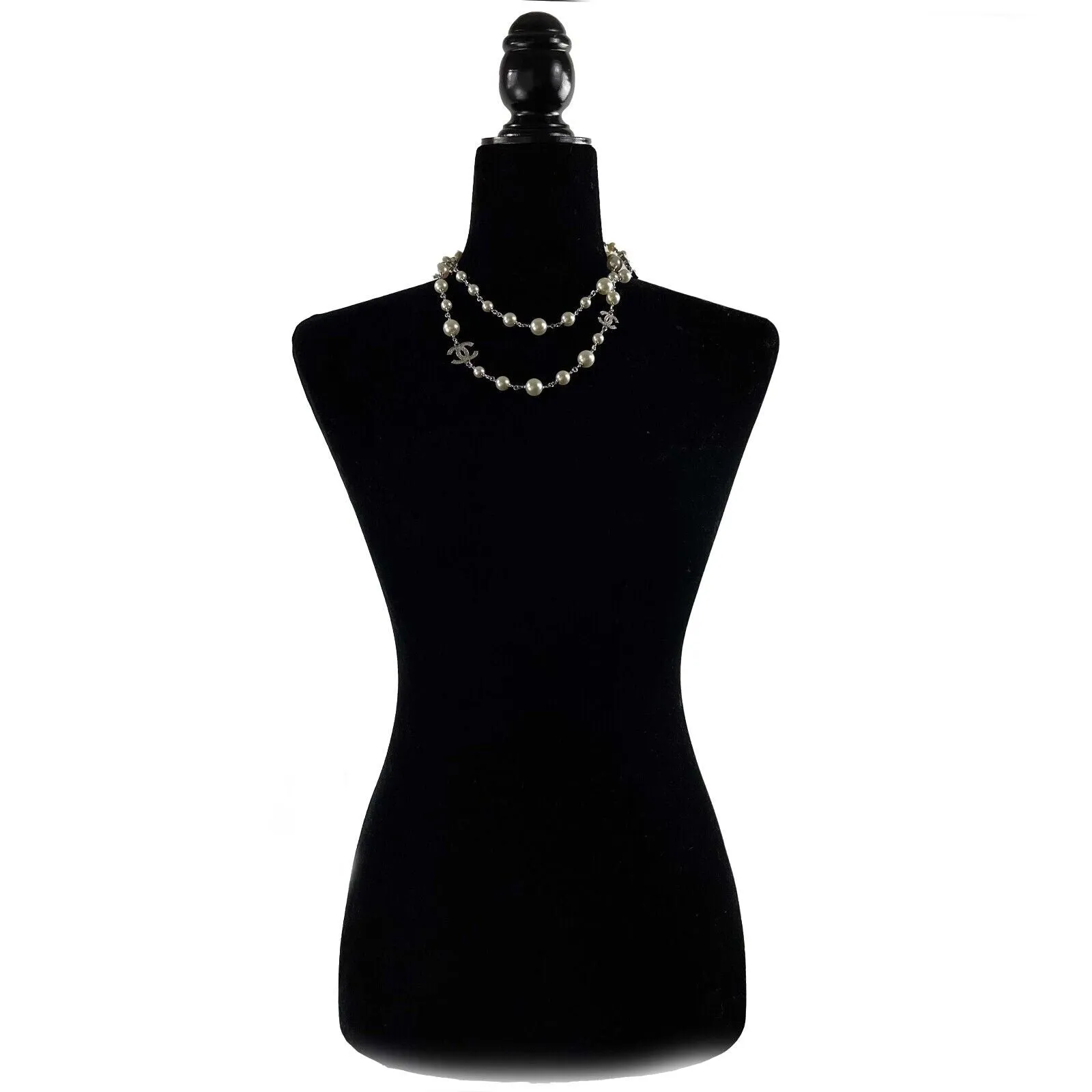Chanel 10A CC Charm Faux Pearl Crystal Long Silver Necklace