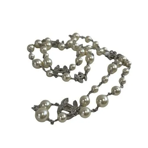 Chanel 10A CC Charm Faux Pearl Crystal Long Silver Necklace