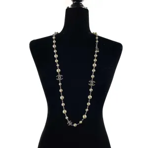 Chanel 10A CC Charm Faux Pearl Crystal Long Silver Necklace