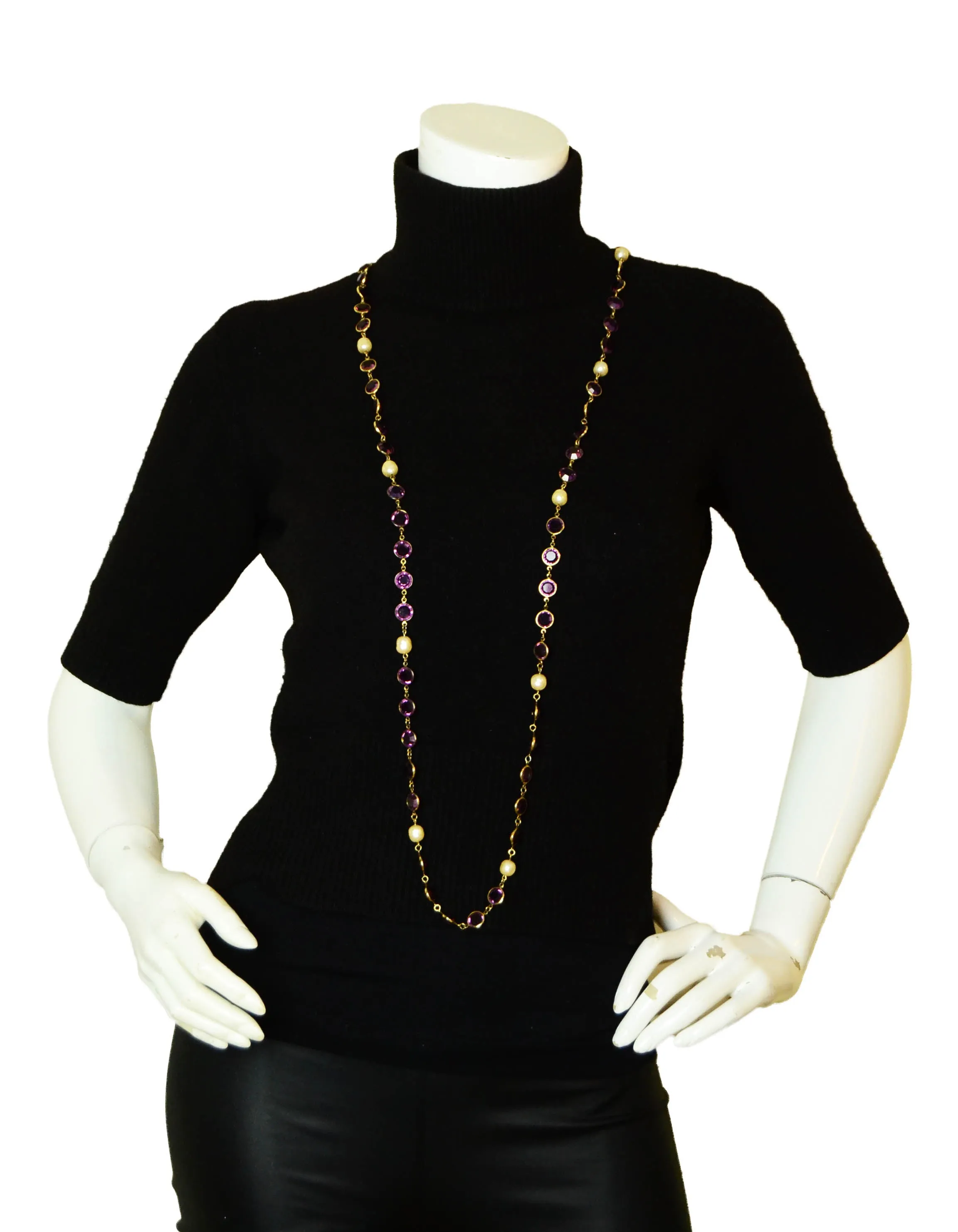 Chanel 1981 Faux Pearl & Purple Crystal Sautoir 54" Necklace