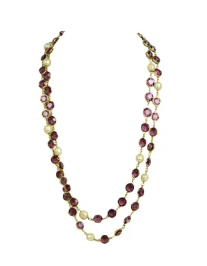 Chanel 1981 Faux Pearl & Purple Crystal Sautoir 54" Necklace