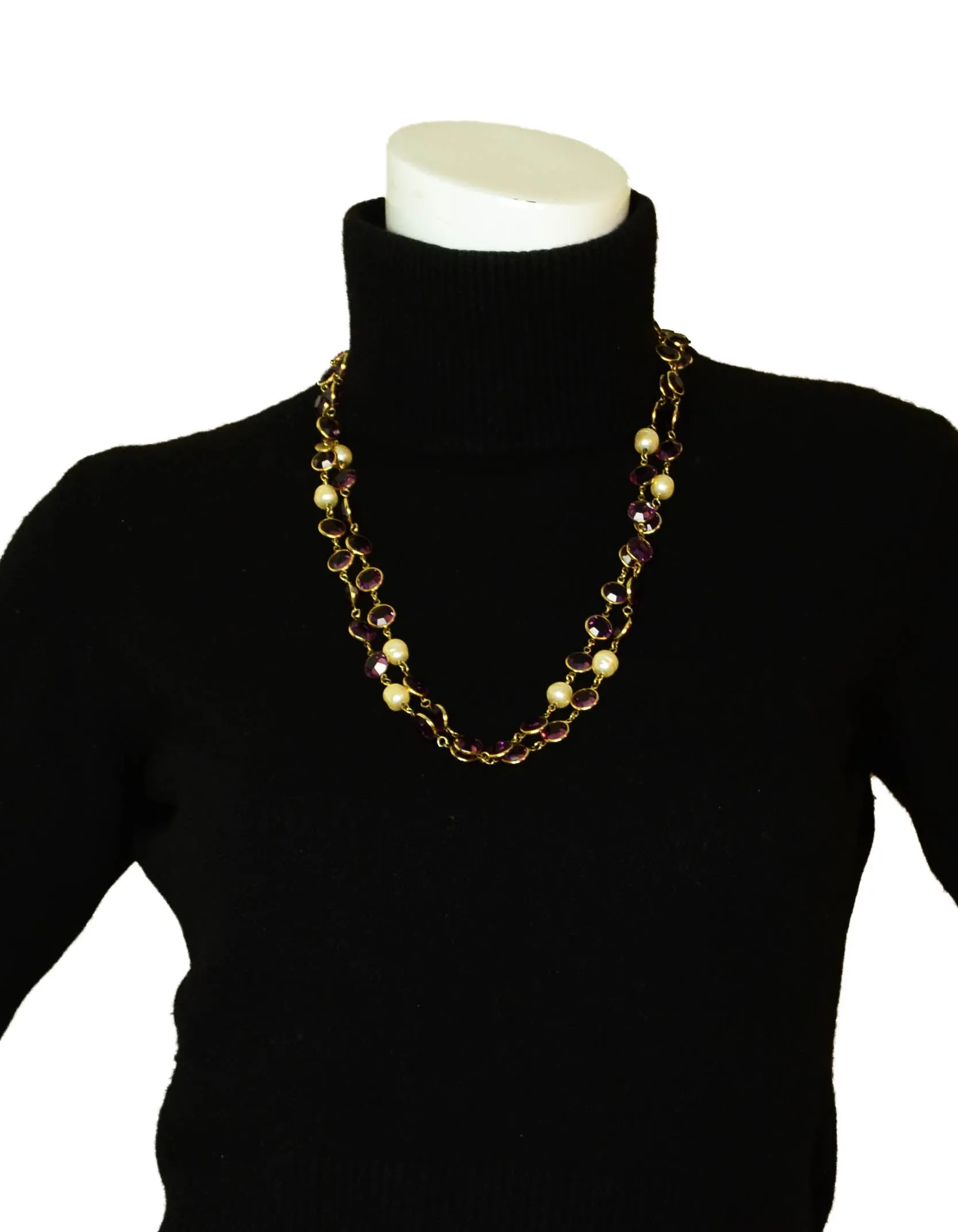 Chanel 1981 Faux Pearl & Purple Crystal Sautoir 54" Necklace