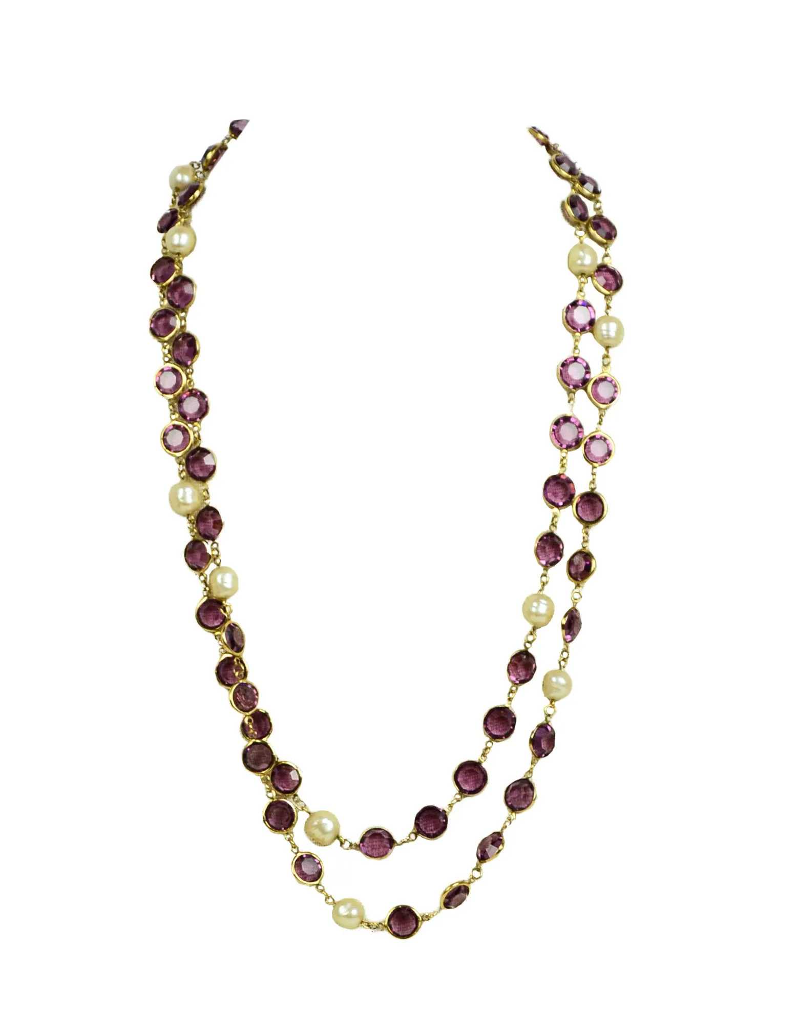 Chanel 1981 Faux Pearl & Purple Crystal Sautoir 54" Necklace