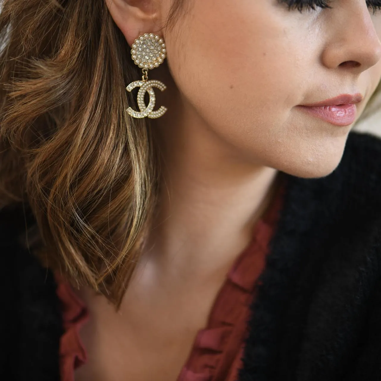 Chanel CC Crystal Faux Pearl Pendant Drop Earrings