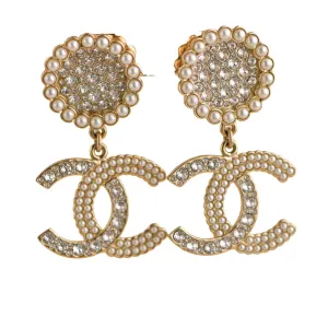 Chanel CC Crystal Faux Pearl Pendant Drop Earrings