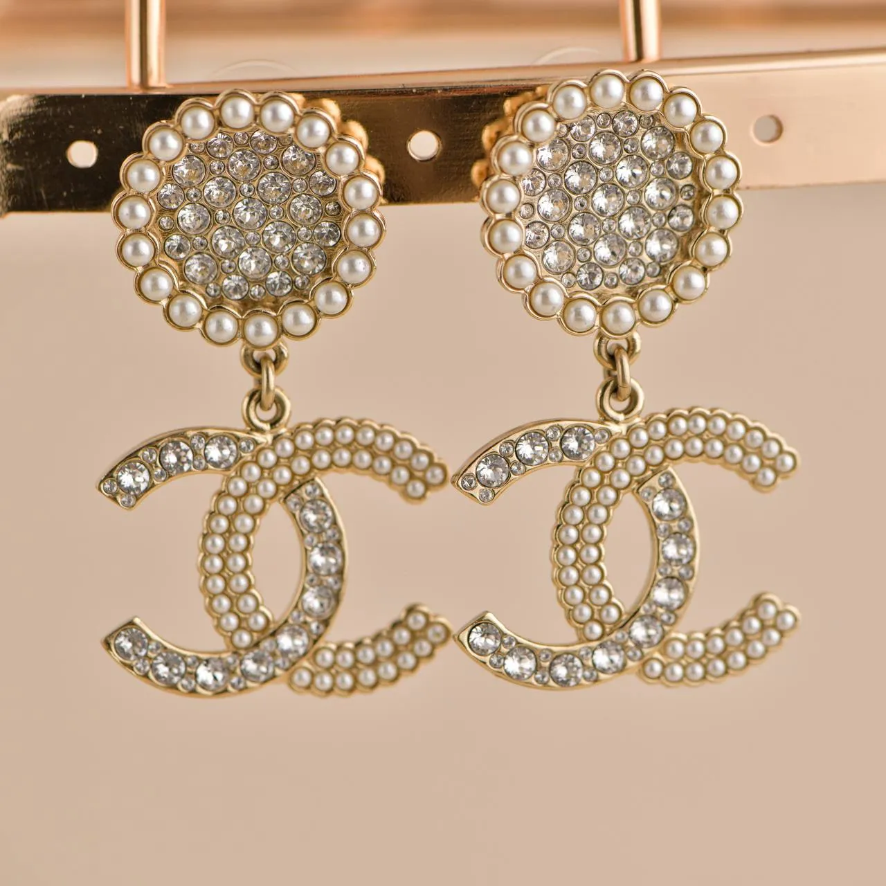 Chanel CC Crystal Faux Pearl Pendant Drop Earrings