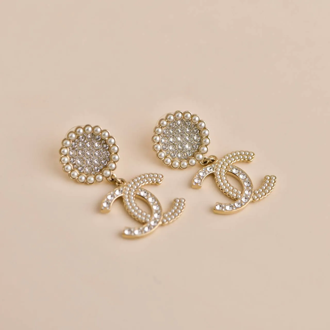 Chanel CC Crystal Faux Pearl Pendant Drop Earrings