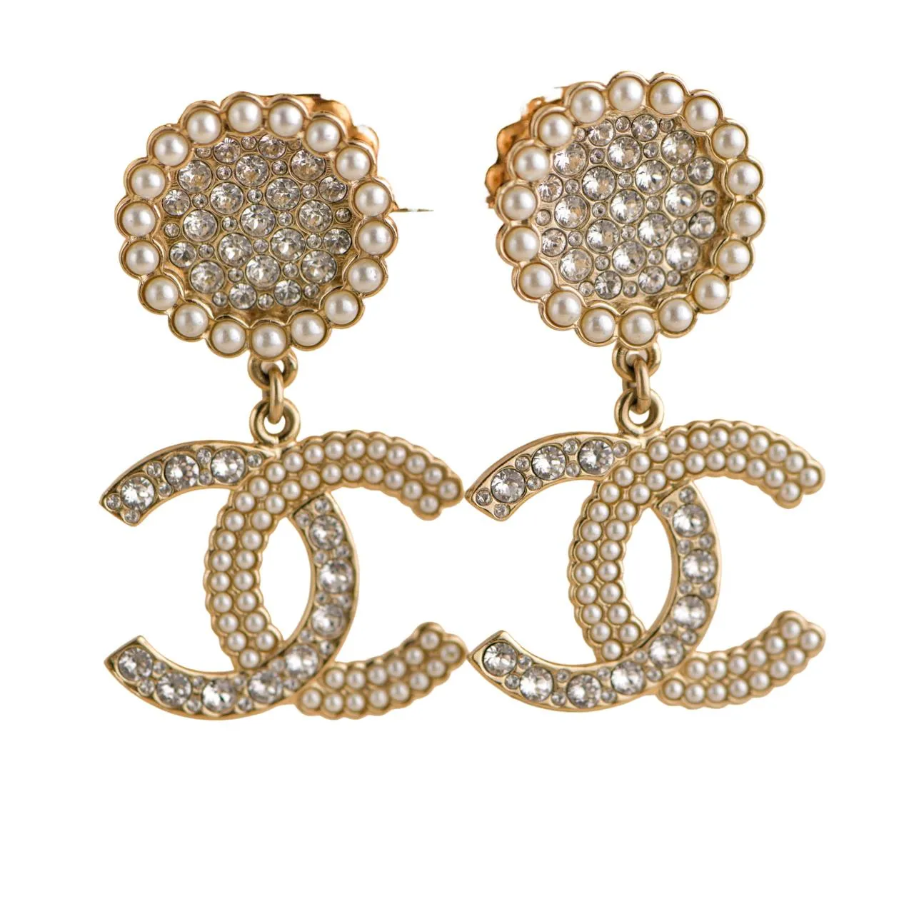 Chanel CC Crystal Faux Pearl Pendant Drop Earrings