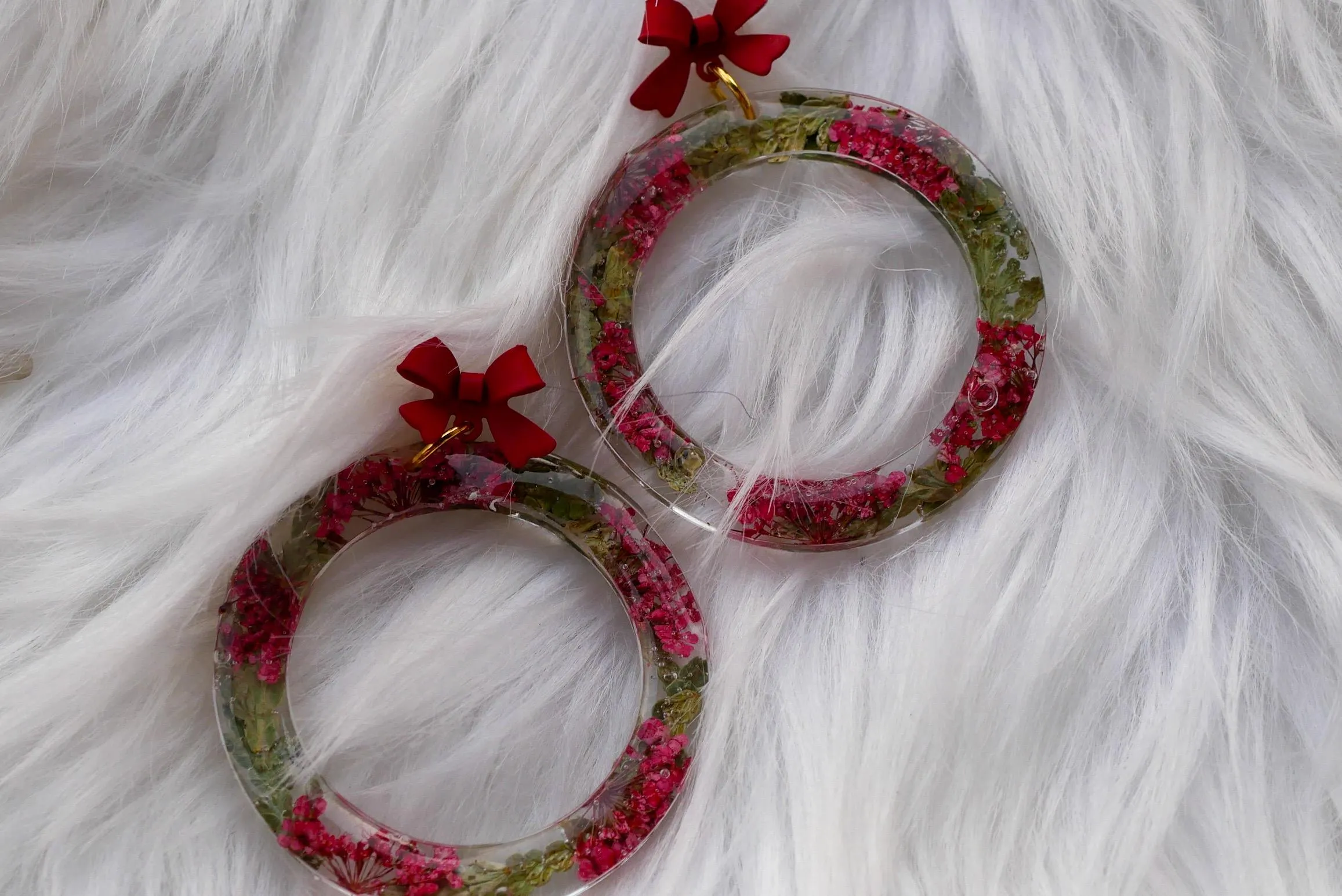 Christmas Wreath Earrings with Bow Stud Toppers | Handmade Resin Hoops with Juniper & Red Flowers | Lightweight Hypoallergenic Holiday Jewel
