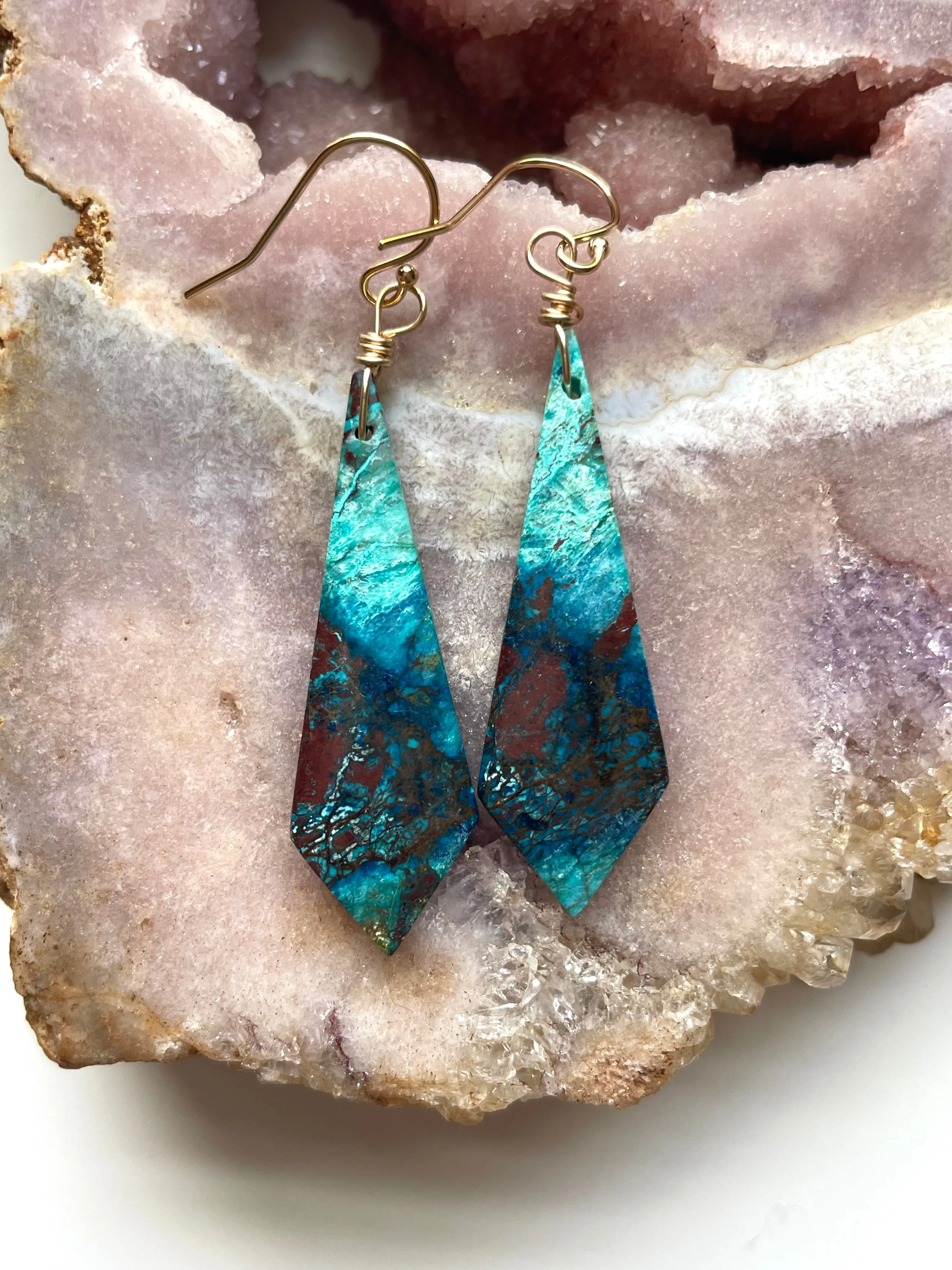 Chrysocolla Gold Filled Statement Crystal Gemstone Earrings