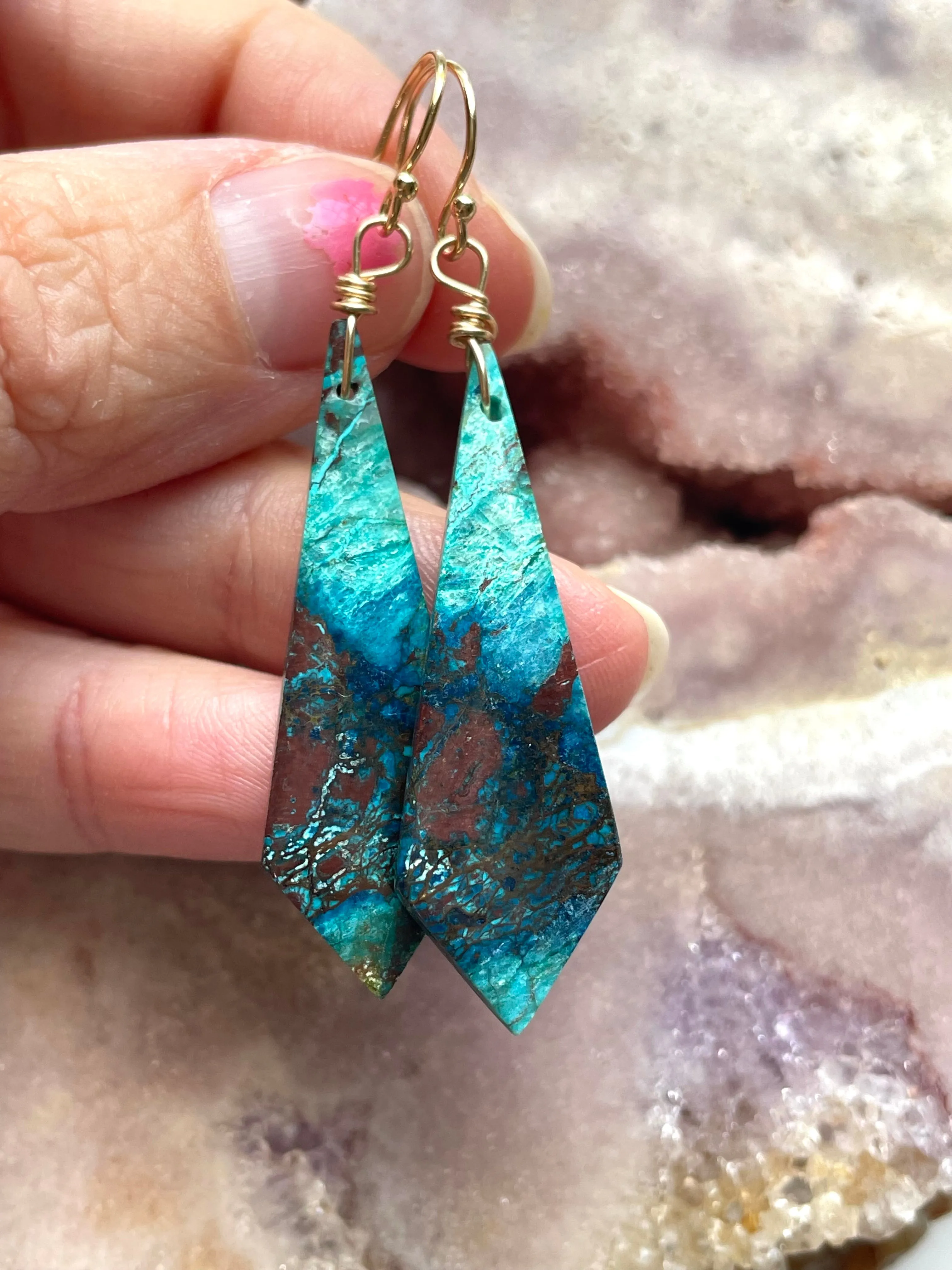 Chrysocolla Gold Filled Statement Crystal Gemstone Earrings