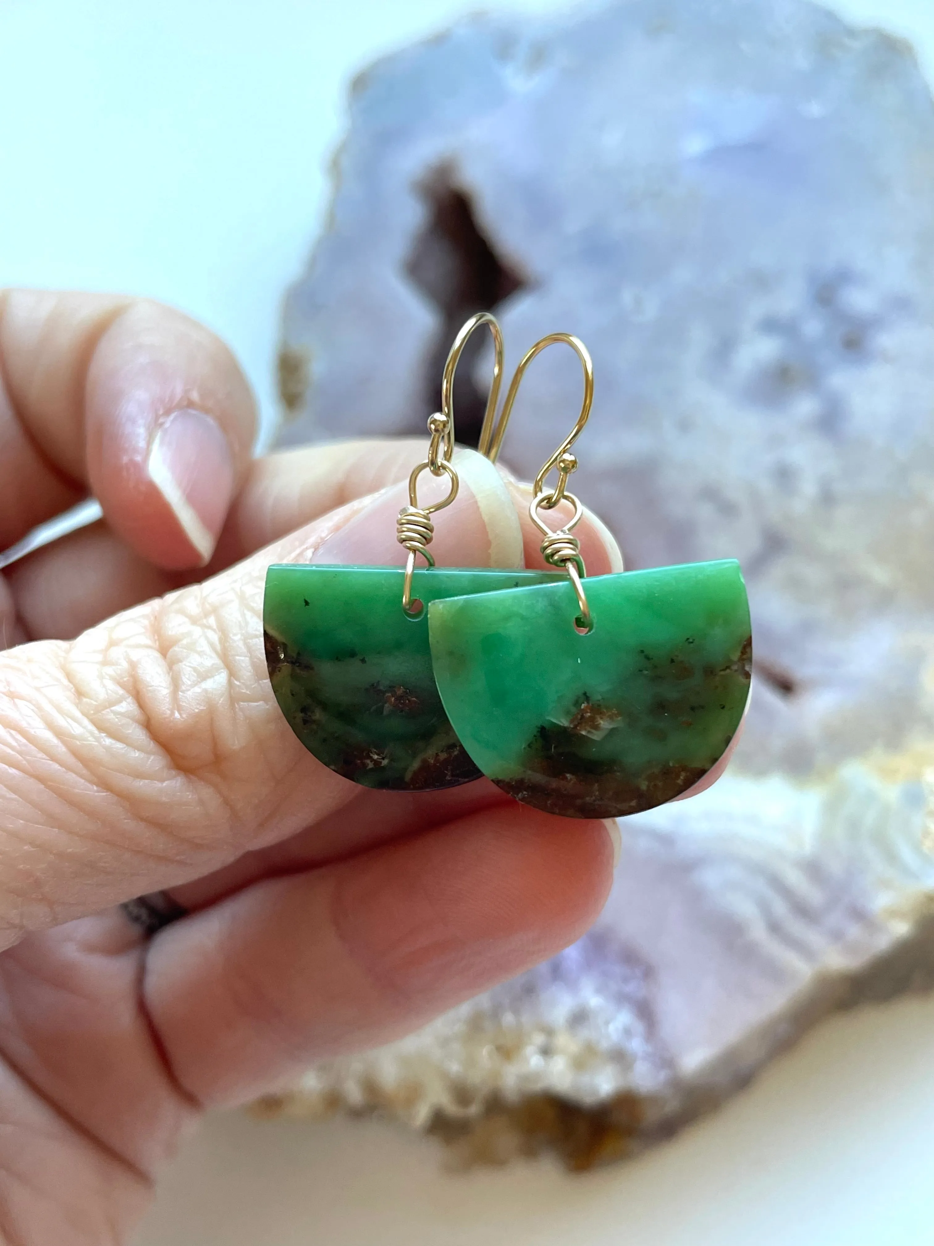Chrysoprase Statement Earrings Gold Fill