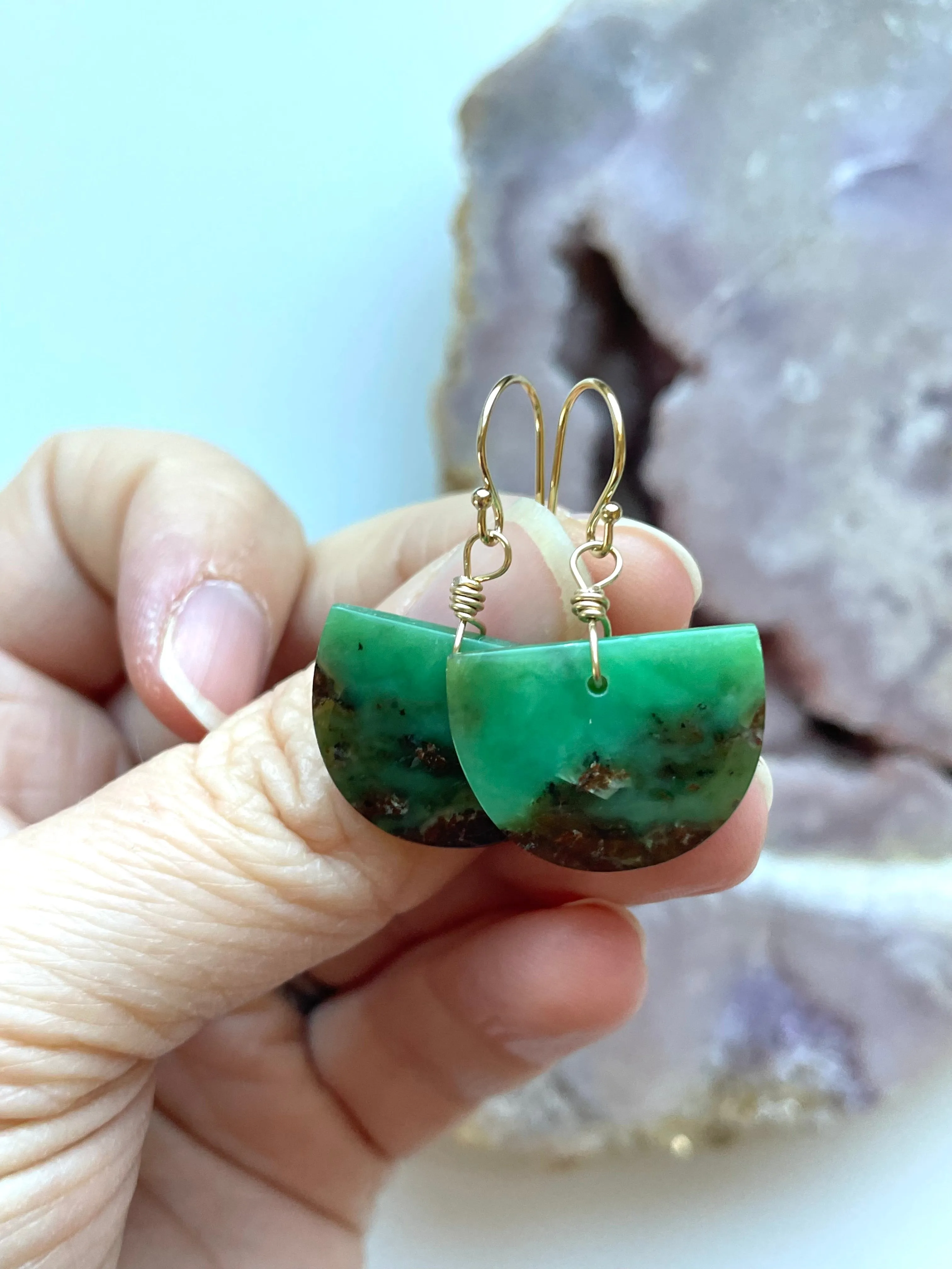 Chrysoprase Statement Earrings Gold Fill