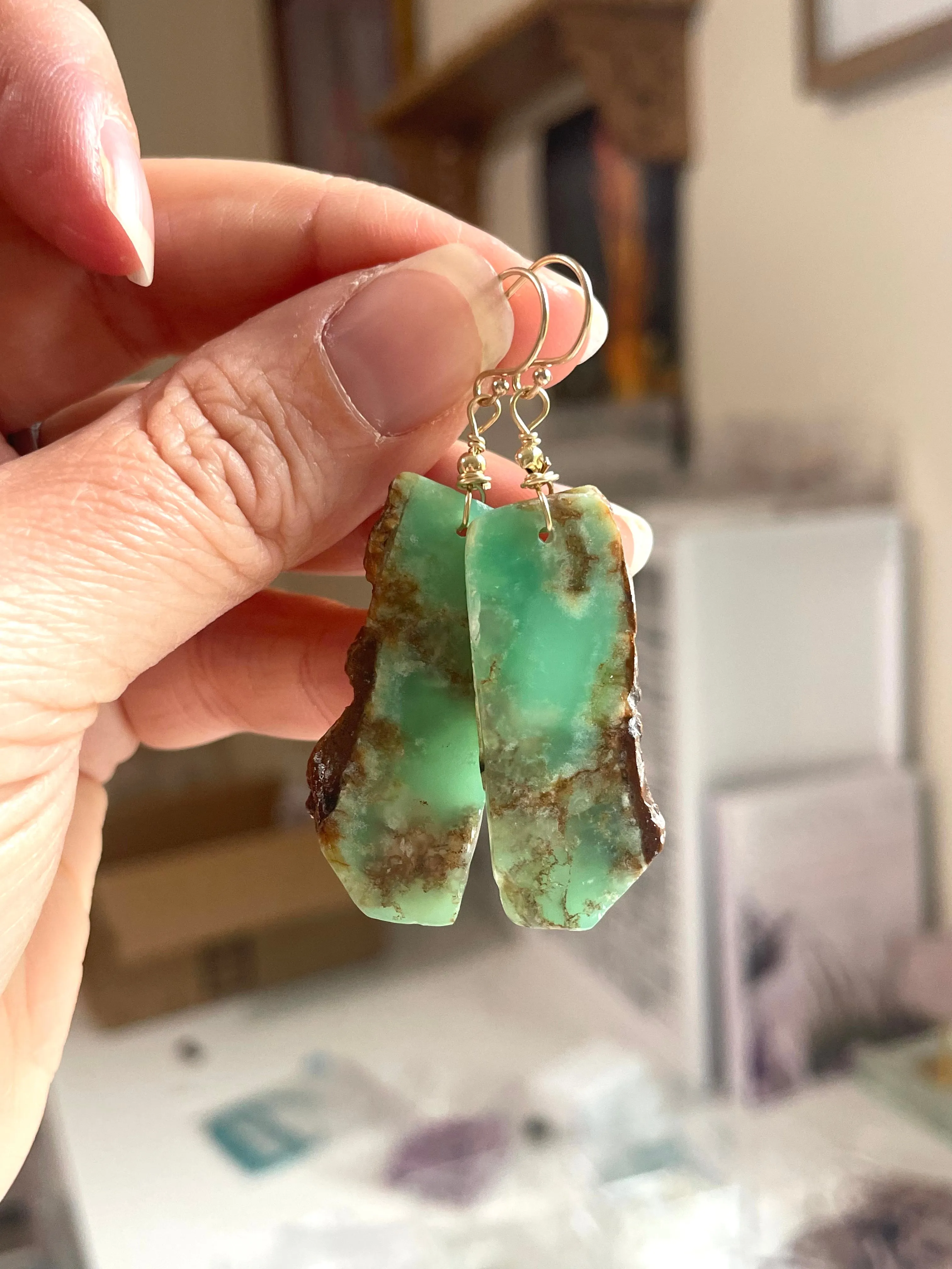 Chrysoprase Statement Earrings Gold Fill