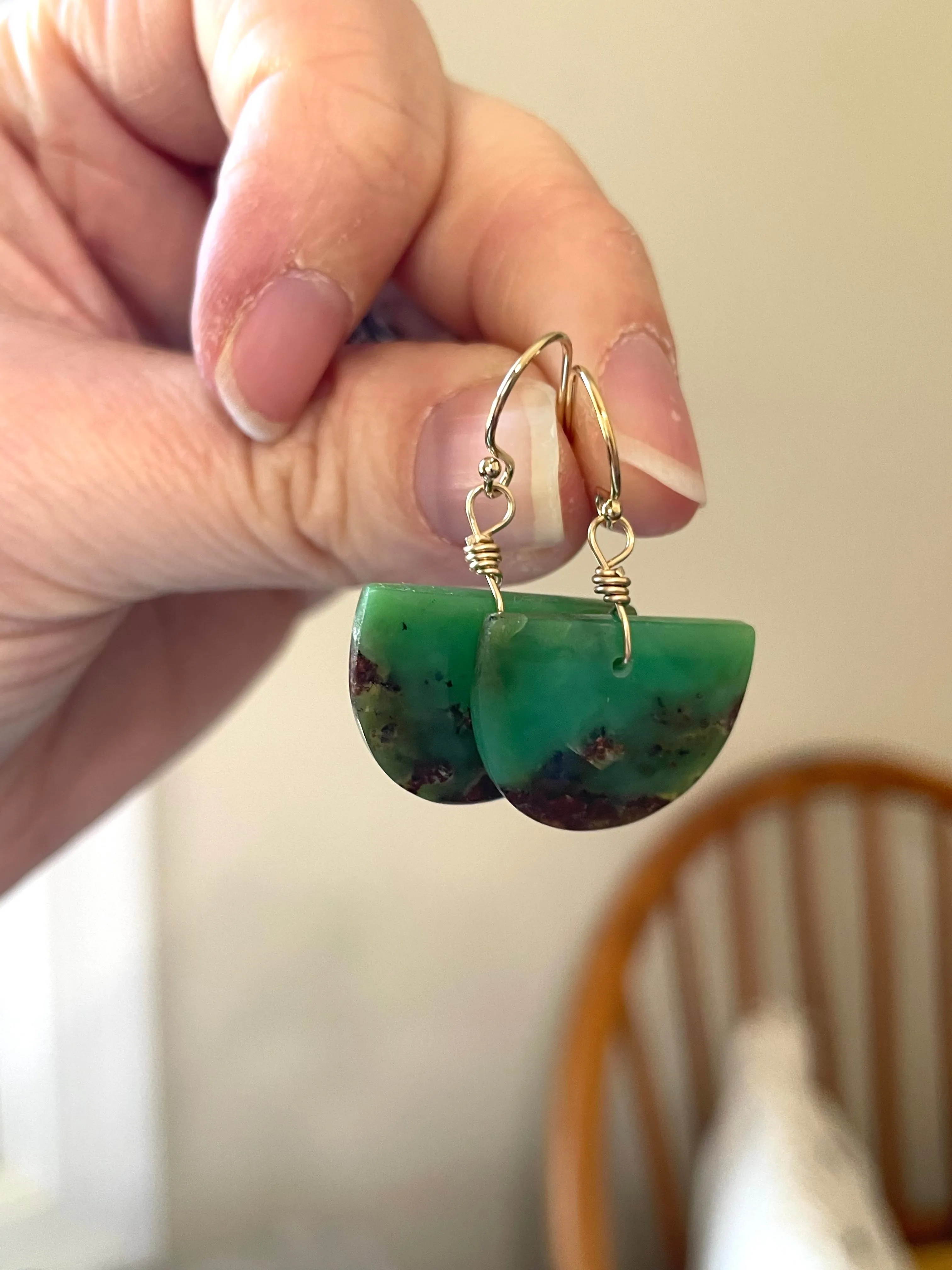 Chrysoprase Statement Earrings Gold Fill