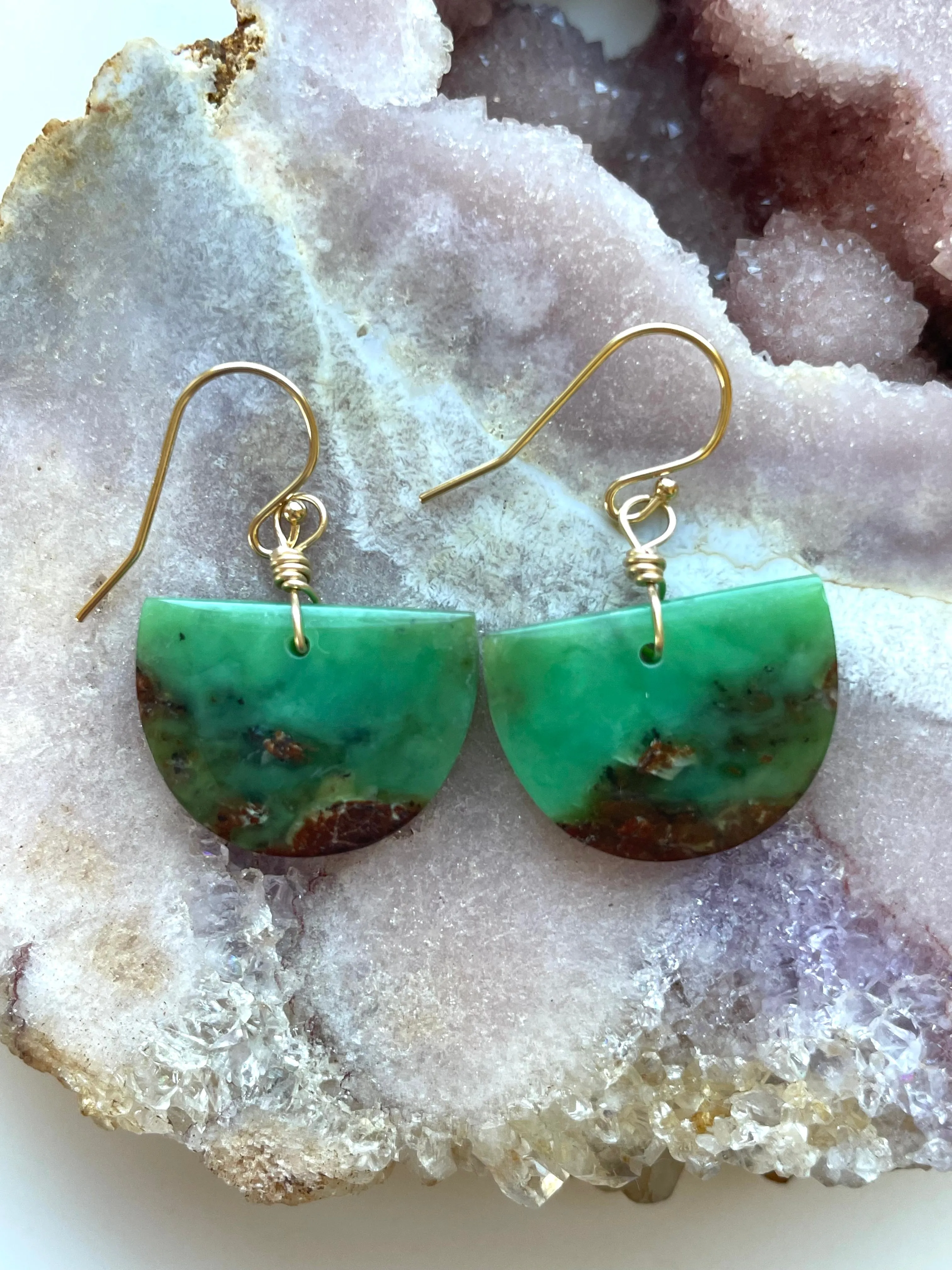 Chrysoprase Statement Earrings Gold Fill