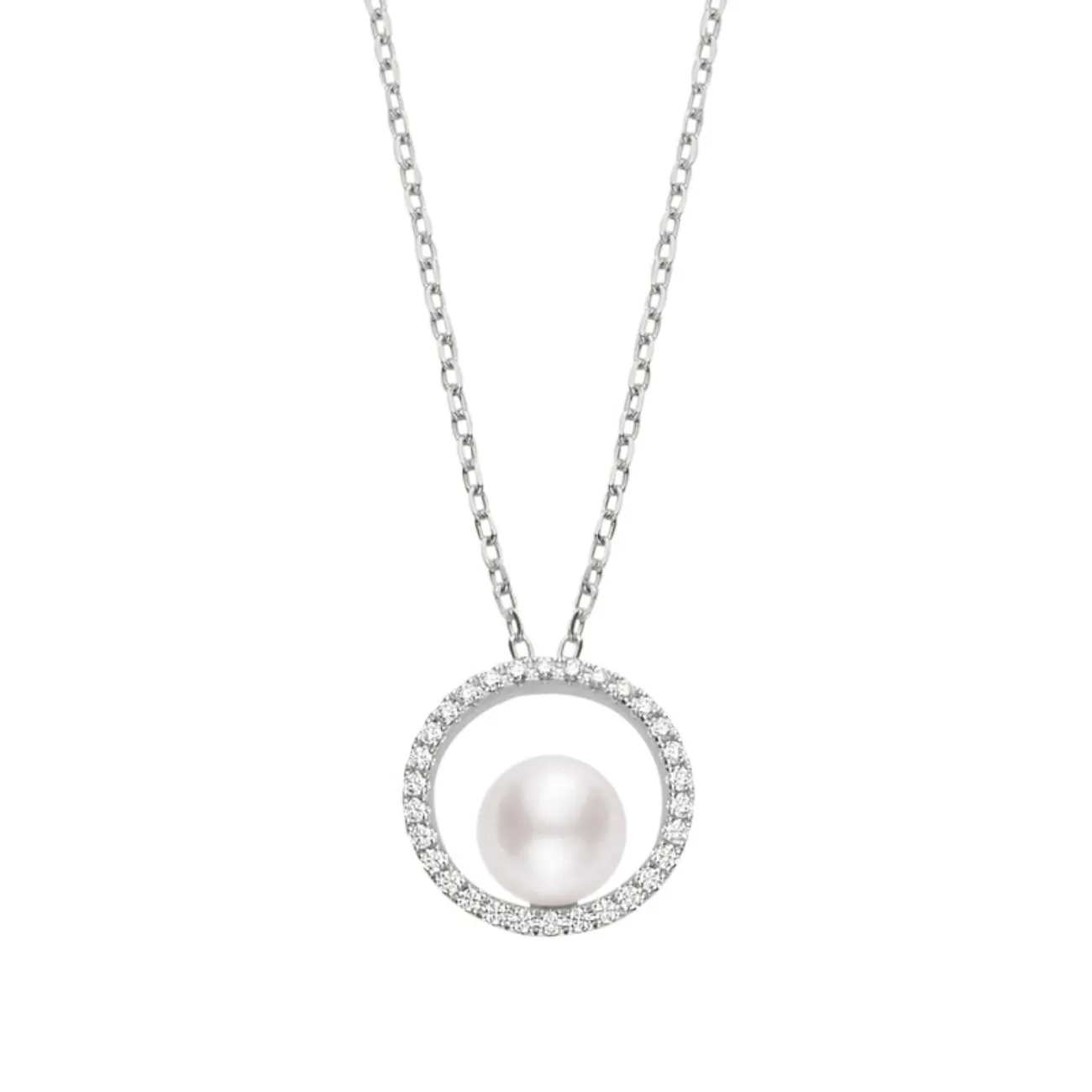 Classic Elegance 18K White Gold Akoya Cultured Pearl & Diamond Circle Pendant Necklace