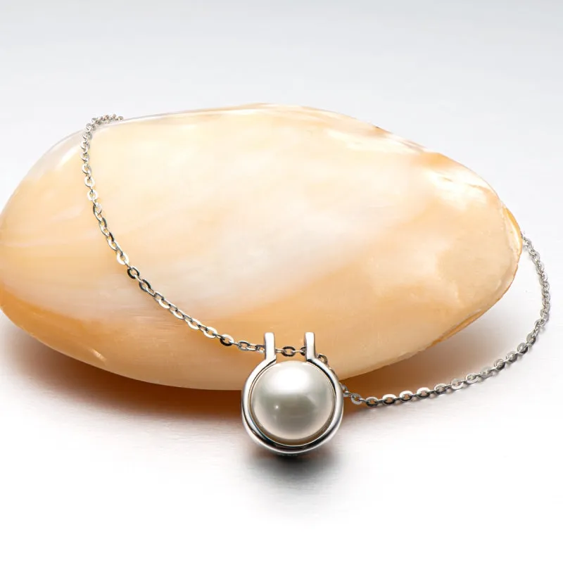 Classic Sterling Silver Freshwater White 9mm Pearl Pendant Necklace for Women