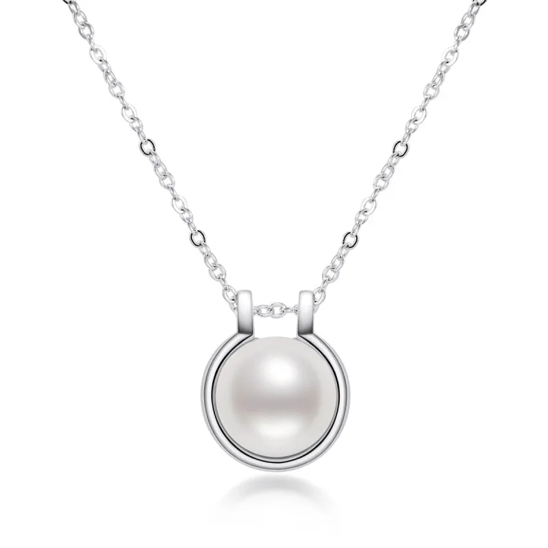 Classic Sterling Silver Freshwater White 9mm Pearl Pendant Necklace for Women