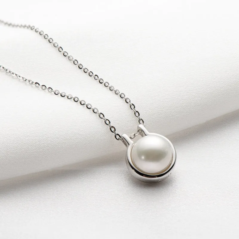 Classic Sterling Silver Freshwater White 9mm Pearl Pendant Necklace for Women