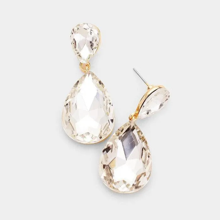 Clear Crystal Double Teardrop Gold Earrings