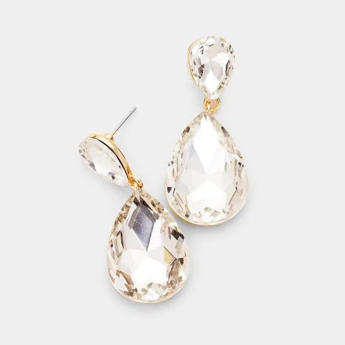 Clear Crystal Double Teardrop Gold Earrings