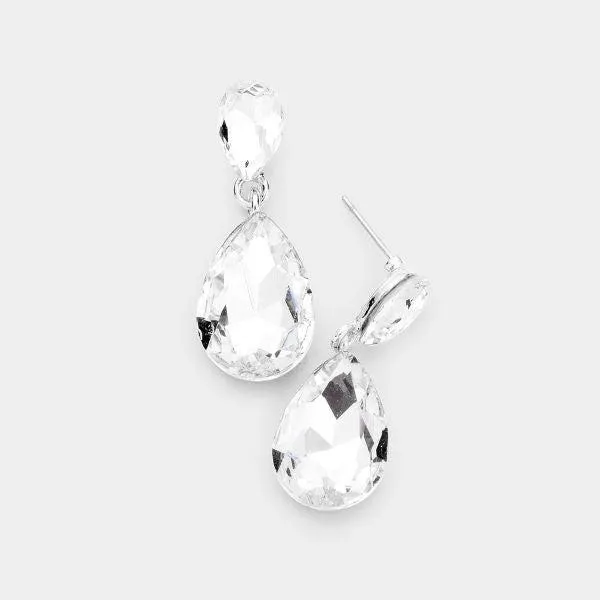 Clear Crystal Double Teardrop Silver Earrings