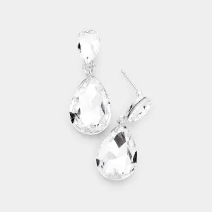 Clear Crystal Double Teardrop Silver Earrings