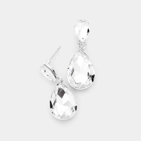 Clear Crystal Double Teardrop Silver Earrings