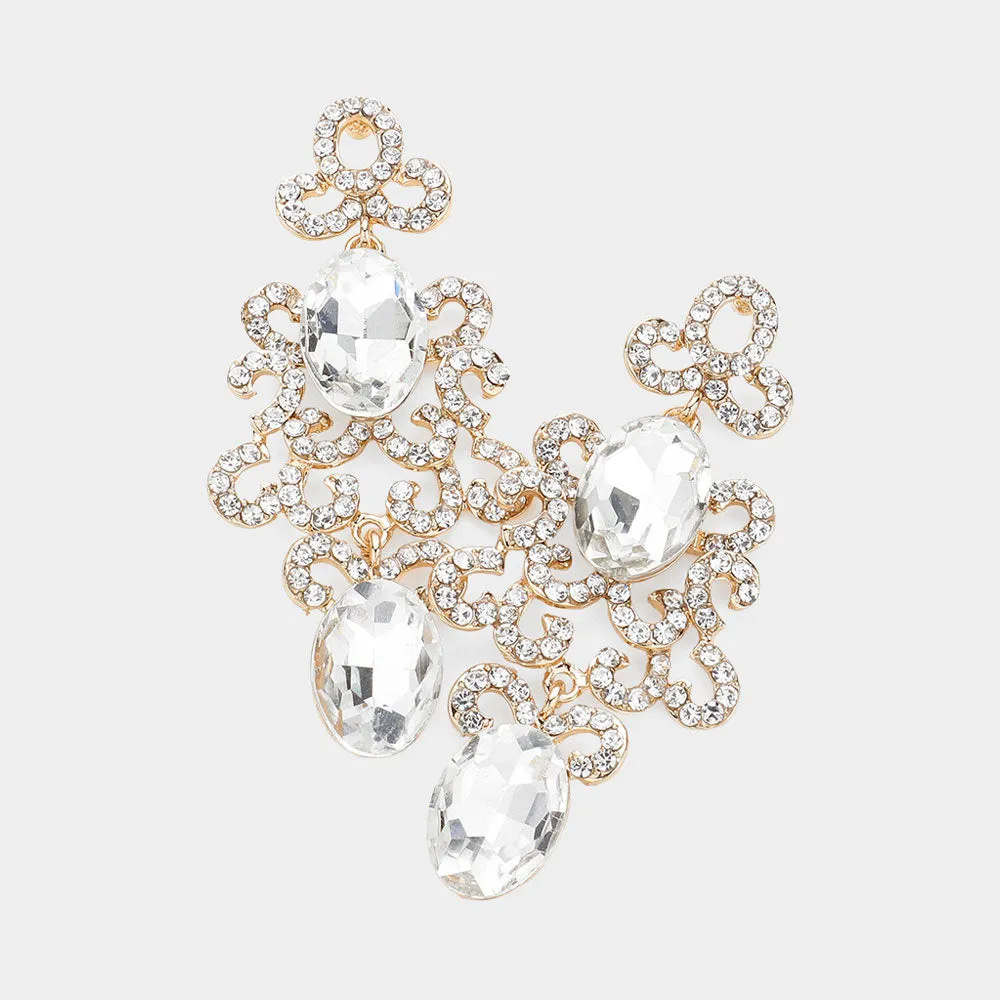 Clear Oval and Rhinestone Crystal Abstract Pageant Earrings on Gold | Evening Earrings |  627268
