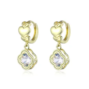 Clover-Shape Crystal & 18K Gold-Plated Heart Huggie Earrings