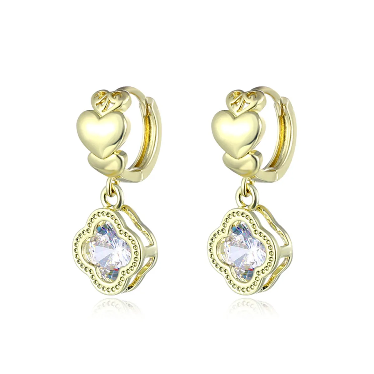Clover-Shape Crystal & 18K Gold-Plated Heart Huggie Earrings