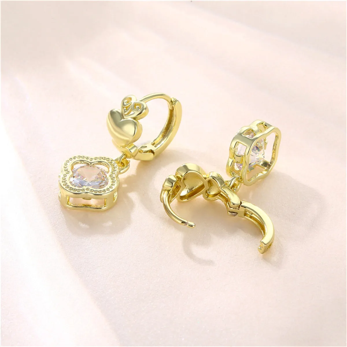Clover-Shape Crystal & 18K Gold-Plated Heart Huggie Earrings