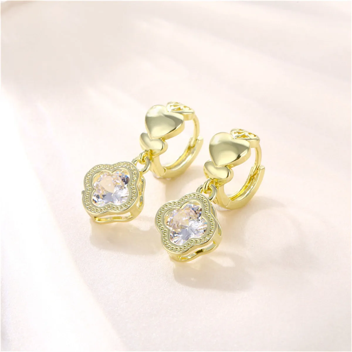 Clover-Shape Crystal & 18K Gold-Plated Heart Huggie Earrings
