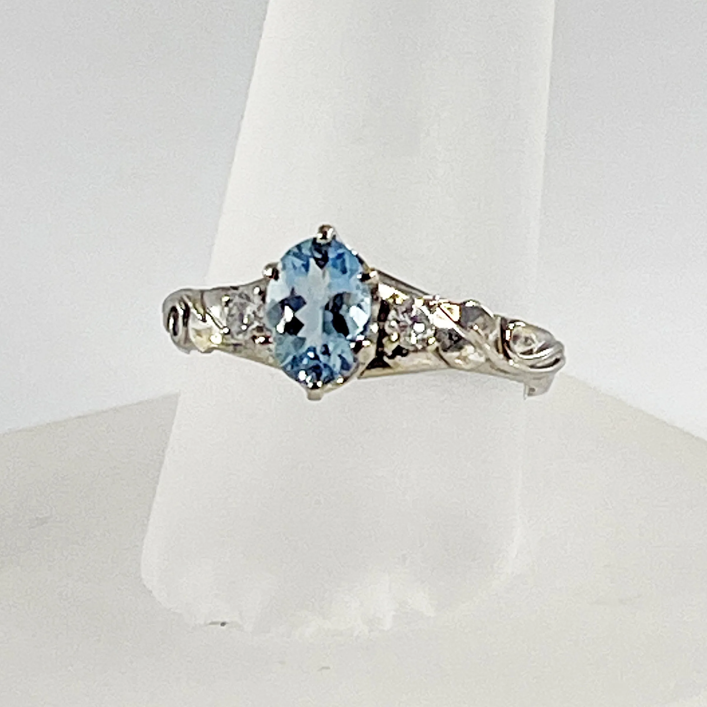 Cole Sheckler Ring - Aquamarine w/ Diamonds in 14k White Gold with Leaves