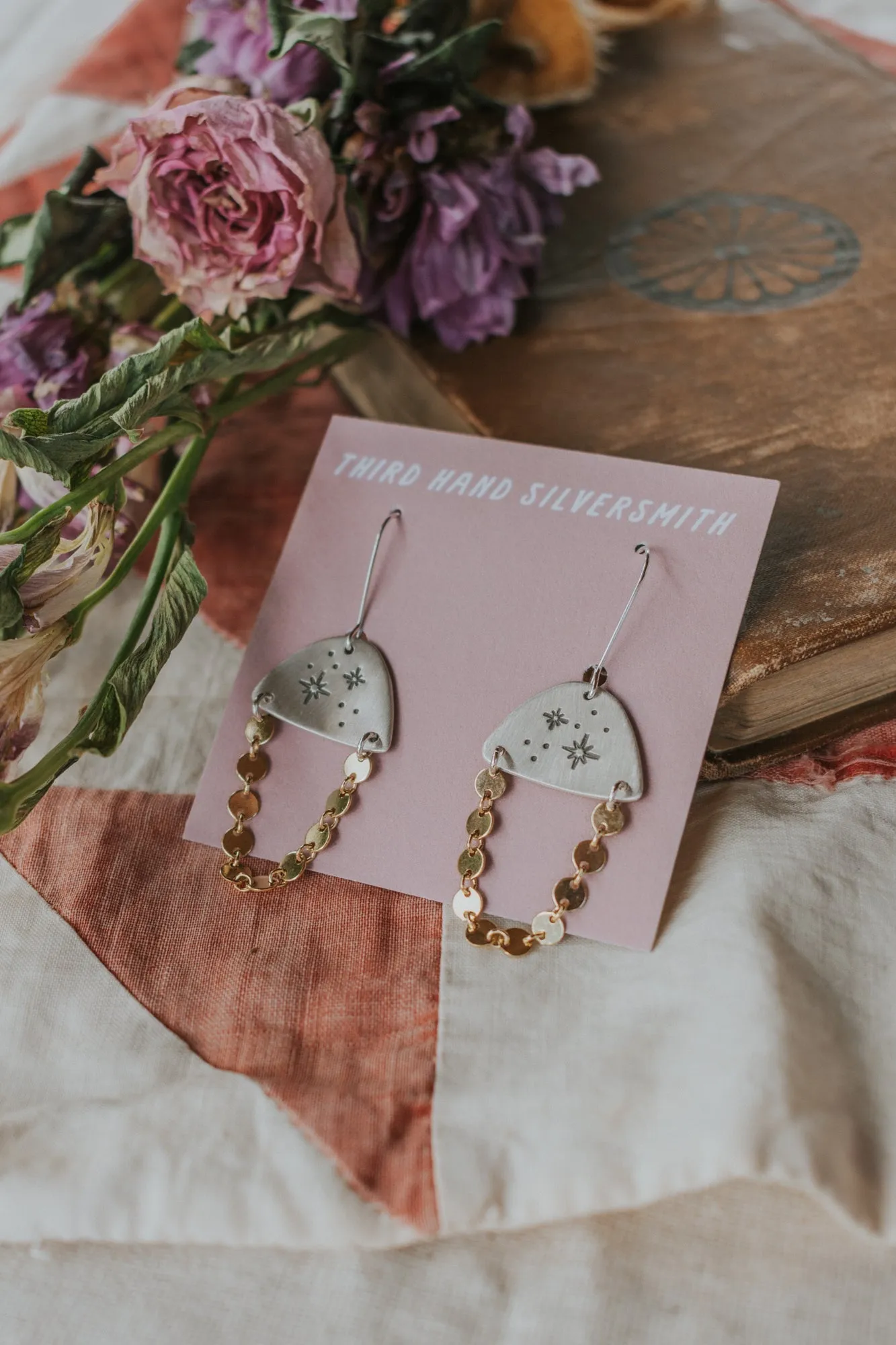 Cosmic Dangler Earrings, Silver with Gold Accent