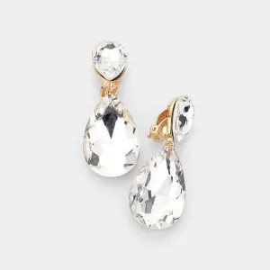 Crystal Clear Double Teardrop Clip-on Gold Earrings