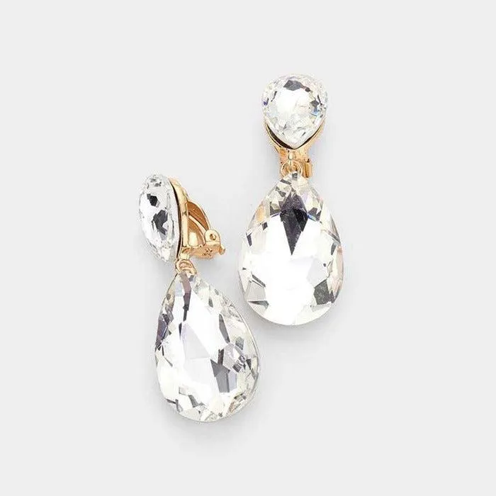 Crystal Clear Double Teardrop Clip-on Gold Earrings