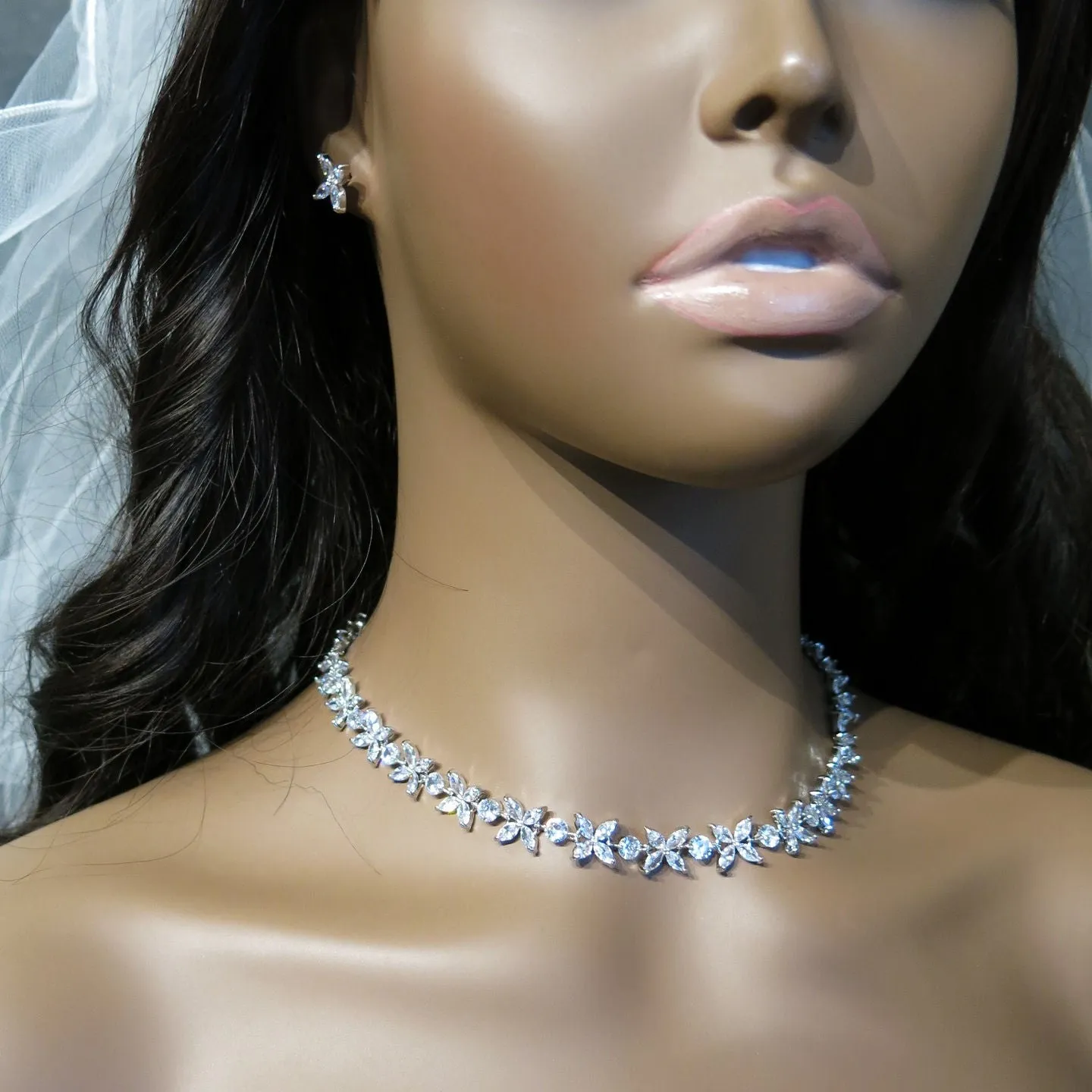 Crystal CZ Bridal Necklace and Earring 3 PC Set, Clear Diamond Gem Choker Necklace, Wedding Crystal Jewelry Set for Bride