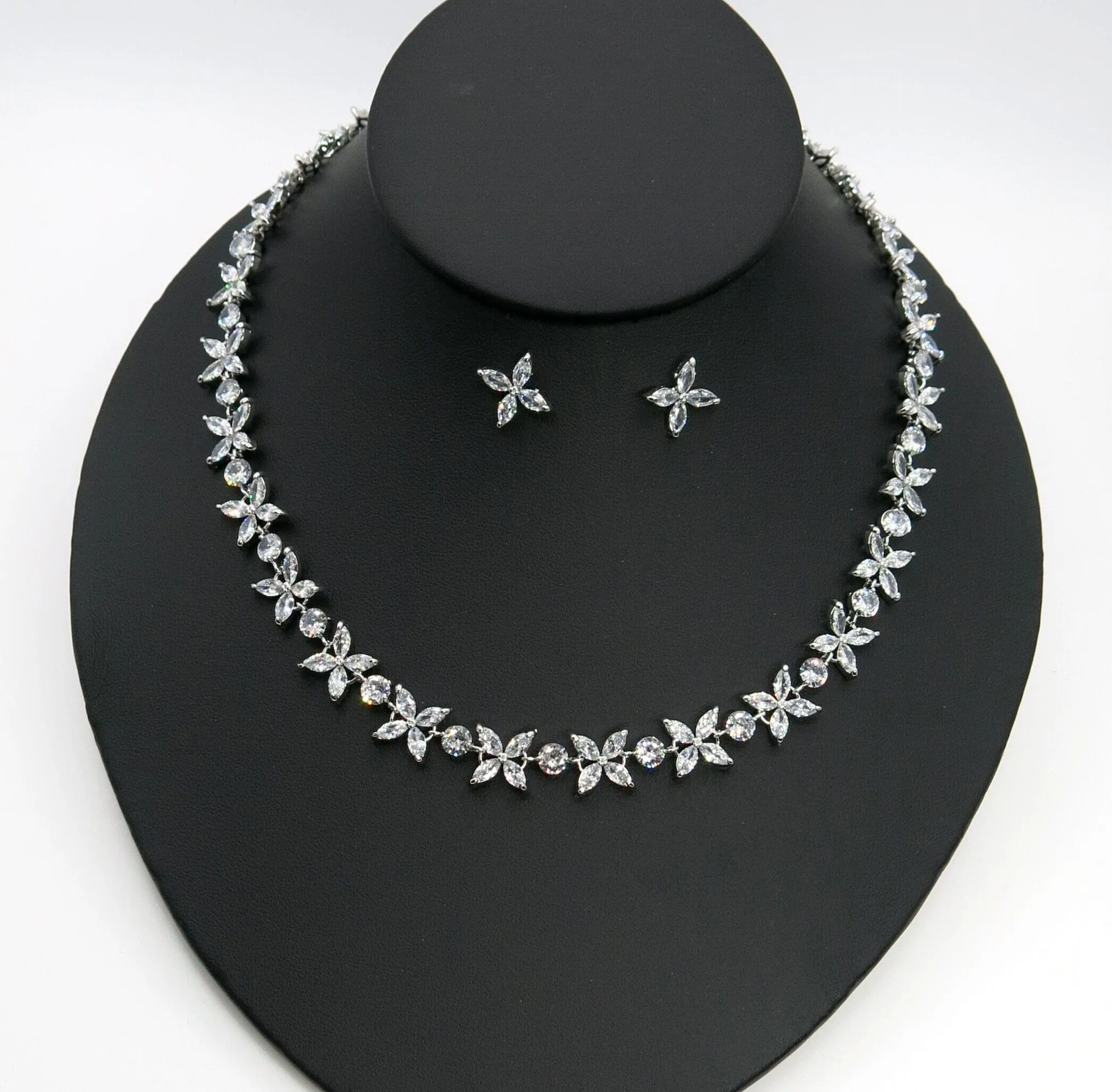 Crystal CZ Bridal Necklace and Earring 3 PC Set, Clear Diamond Gem Choker Necklace, Wedding Crystal Jewelry Set for Bride