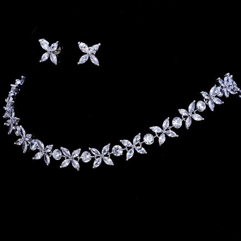 Crystal CZ Bridal Necklace and Earring 3 PC Set, Clear Diamond Gem Choker Necklace, Wedding Crystal Jewelry Set for Bride