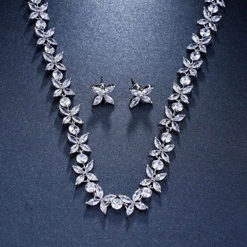 Crystal CZ Bridal Necklace and Earring 3 PC Set, Clear Diamond Gem Choker Necklace, Wedding Crystal Jewelry Set for Bride