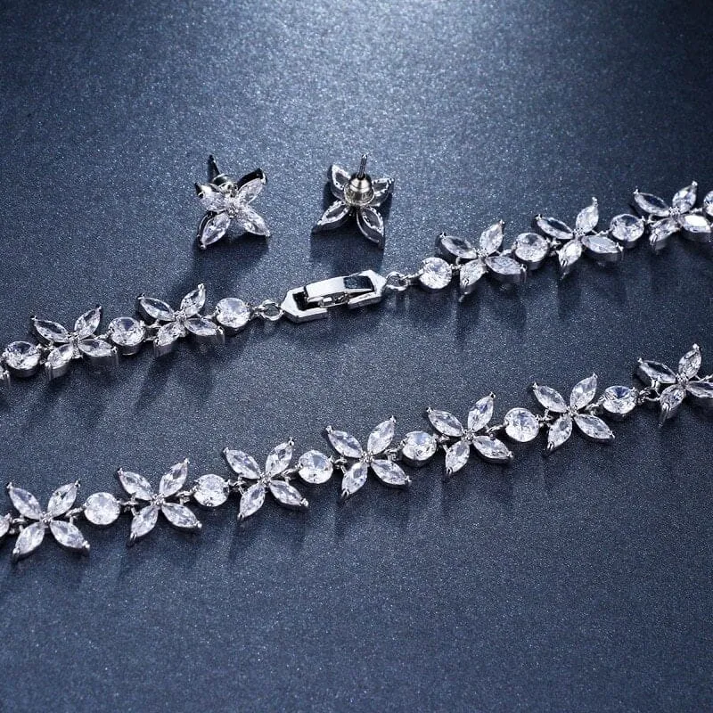 Crystal CZ Bridal Necklace and Earring 3 PC Set, Clear Diamond Gem Choker Necklace, Wedding Crystal Jewelry Set for Bride