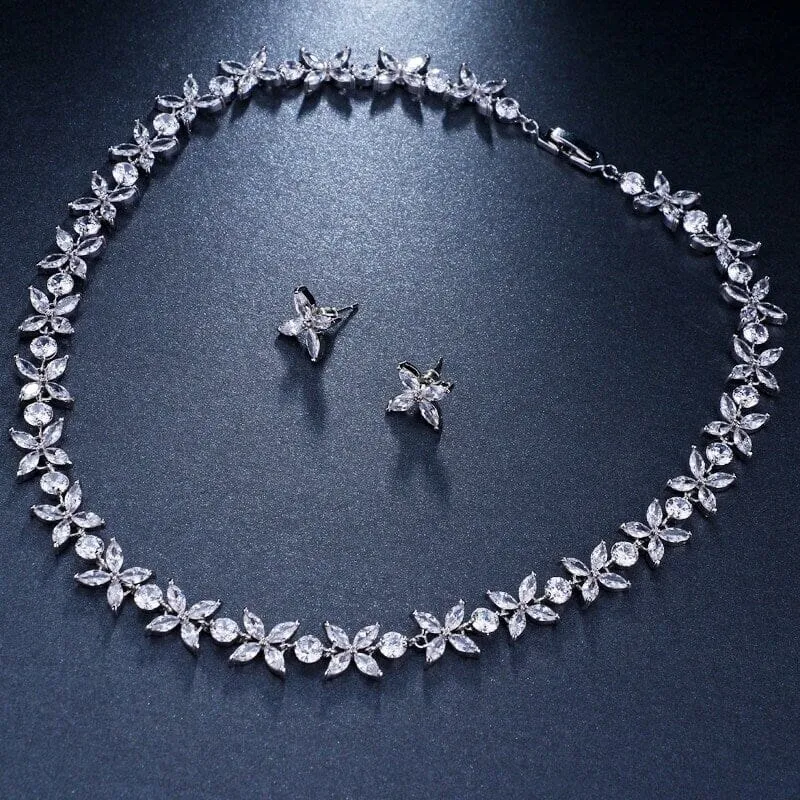Crystal CZ Bridal Necklace and Earring 3 PC Set, Clear Diamond Gem Choker Necklace, Wedding Crystal Jewelry Set for Bride