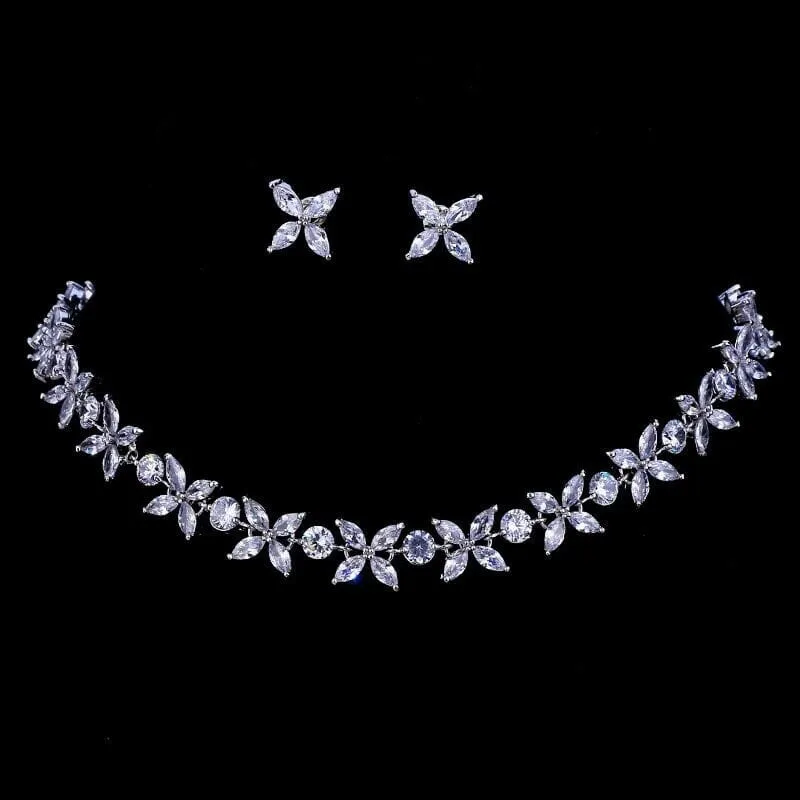 Crystal CZ Bridal Necklace and Earring 3 PC Set, Clear Diamond Gem Choker Necklace, Wedding Crystal Jewelry Set for Bride