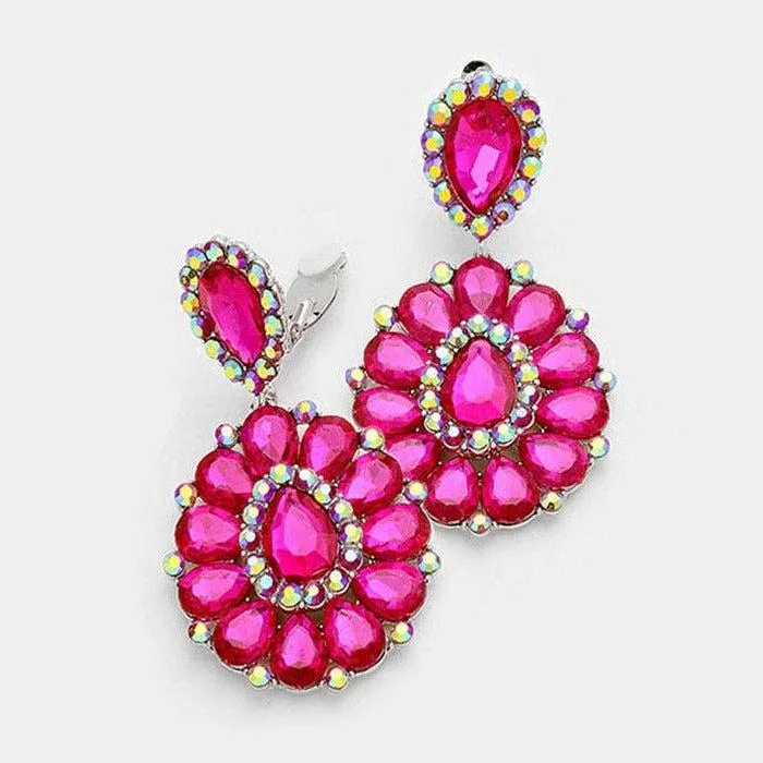 Crystal Fuchsia Teardrop Cluster Statement Clip on Earrings