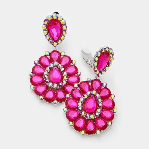 Crystal Fuchsia Teardrop Cluster Statement Clip on Earrings