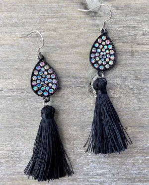 Crystal Teardrop & Black Tassel Earrings