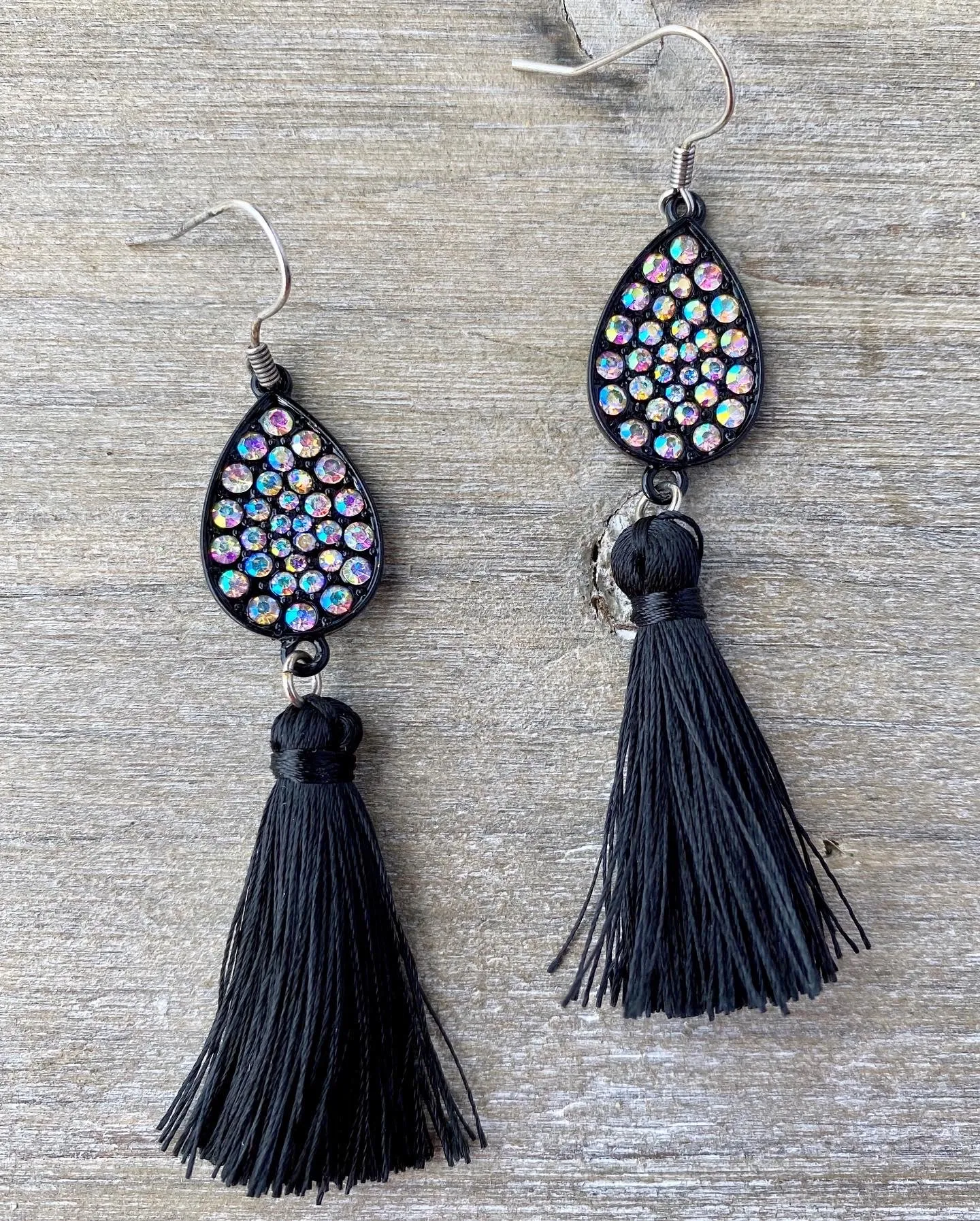 Crystal Teardrop & Black Tassel Earrings