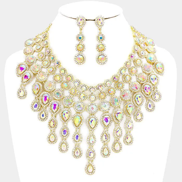 Crystal Teardrop Fringe Statement Evening Necklace Set